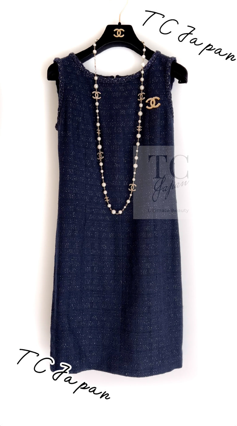 CHANEL 07A Navy Wool Braided Trim Tweed Jacket Dress Setup 42 シャネル ネイビー ウール チェーン ブレイドトリミング ツイード ジャケット ワンピース セットアップ 即発