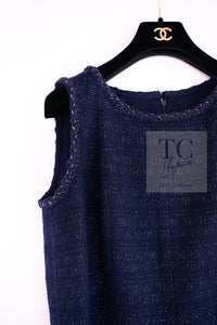CHANEL 07A Navy Wool Braided Trim Tweed Jacket Dress Setup 42 シャネル ネイビー ウール チェーン ブレイドトリミング ツイード ジャケット ワンピース セットアップ 即発