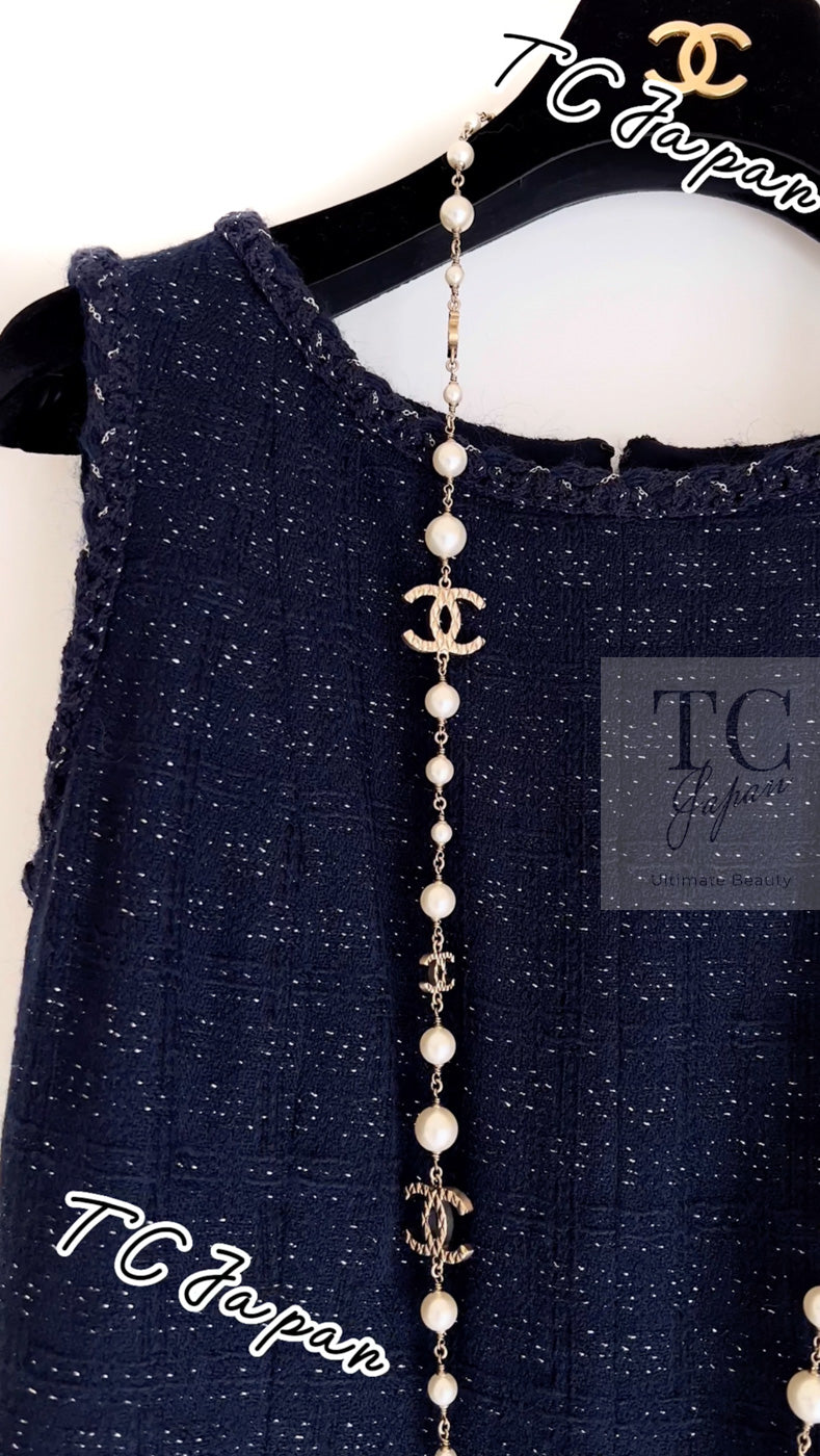 CHANEL 07A Navy Wool Braided Trim Tweed Jacket Dress Setup 42 シャネル ネイビー ウール チェーン ブレイドトリミング ツイード ジャケット ワンピース セットアップ 即発