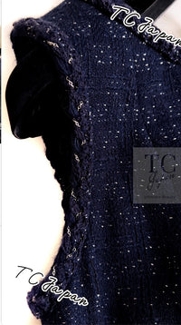 CHANEL 07A Navy Wool Braided Trim Tweed Jacket Dress Setup 42 シャネル ネイビー ウール チェーン ブレイドトリミング ツイード ジャケット ワンピース セットアップ 即発