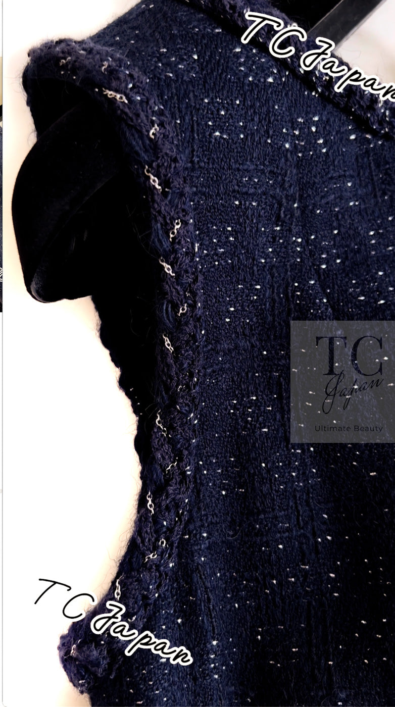 CHANEL 07A Navy Wool Braided Trim Tweed Jacket Dress Setup 42 シャネル ネイビー ウール チェーン ブレイドトリミング ツイード ジャケット ワンピース セットアップ 即発