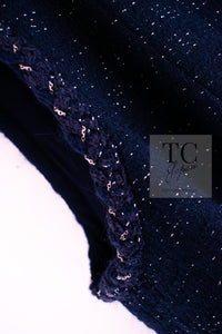 CHANEL 07A Navy Wool Braided Trim Tweed Jacket Dress Setup 42 シャネル ネイビー ウール チェーン ブレイドトリミング ツイード ジャケット ワンピース セットアップ 即発