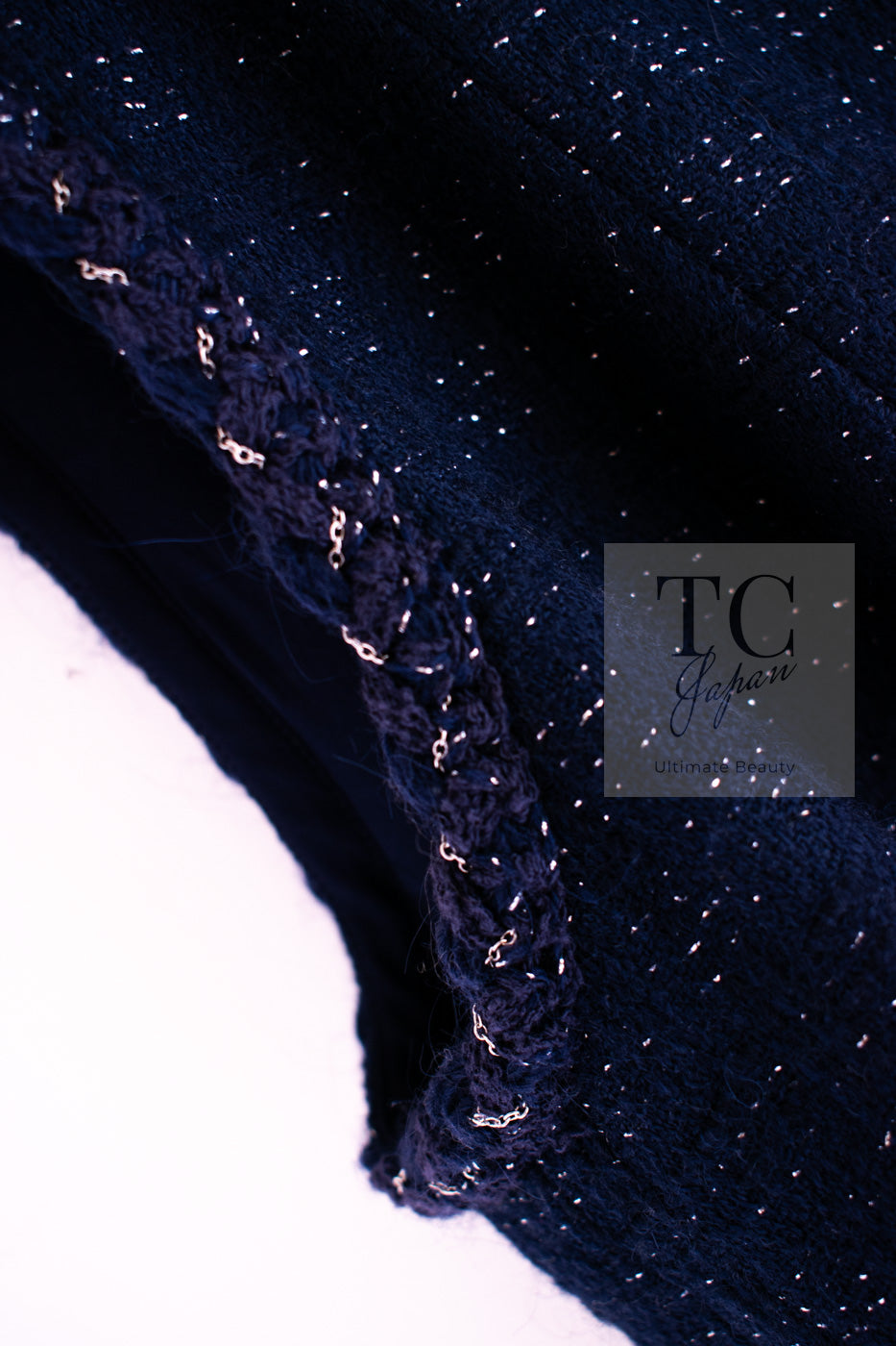 CHANEL 07A Navy Wool Braided Trim Tweed Jacket Dress Setup 42 シャネル ネイビー ウール チェーン ブレイドトリミング ツイード ジャケット ワンピース セットアップ 即発