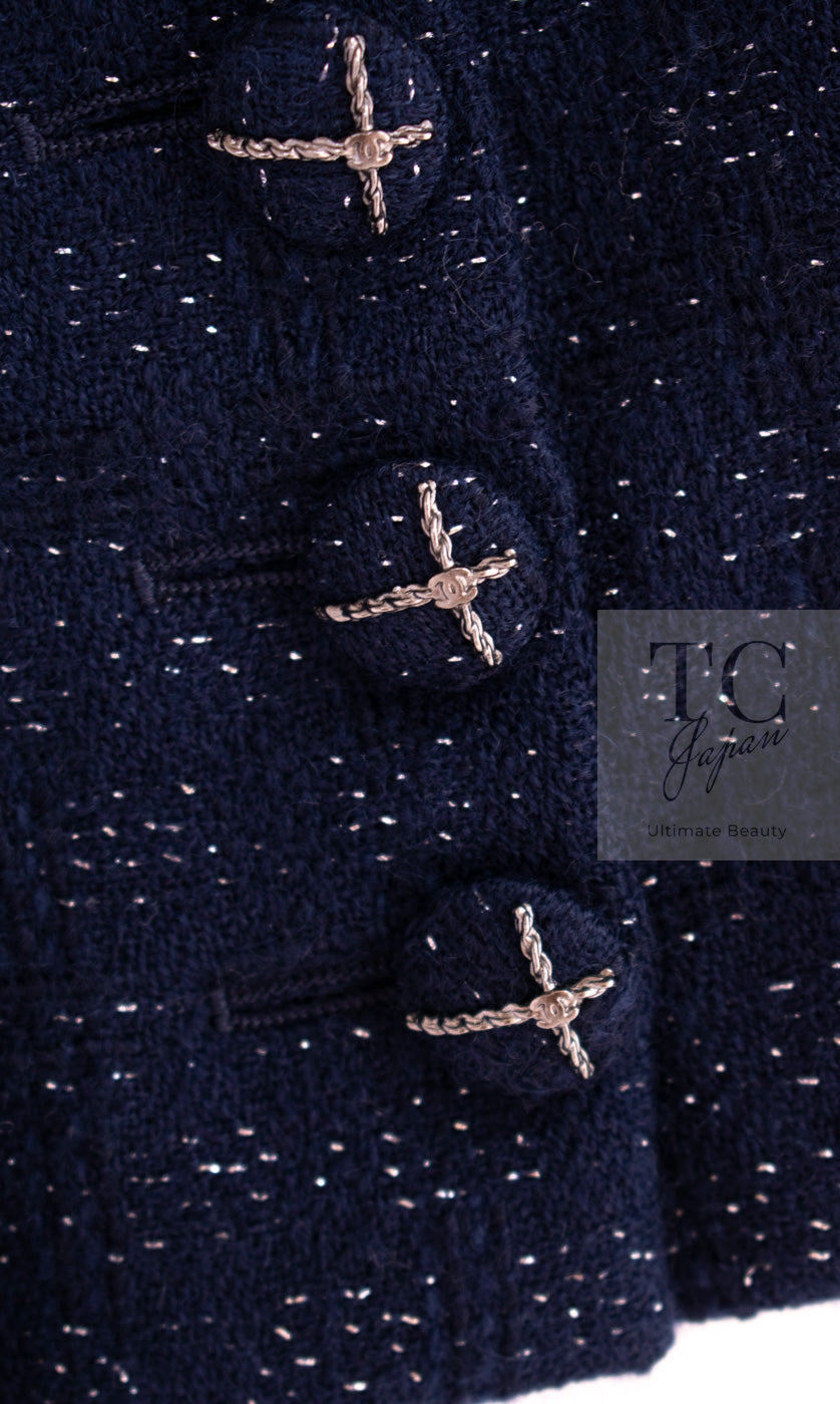 CHANEL 07A Navy Wool Braided Trim Tweed Jacket Dress Setup 42 シャネル ネイビー ウール チェーン ブレイドトリミング ツイード ジャケット ワンピース セットアップ 即発