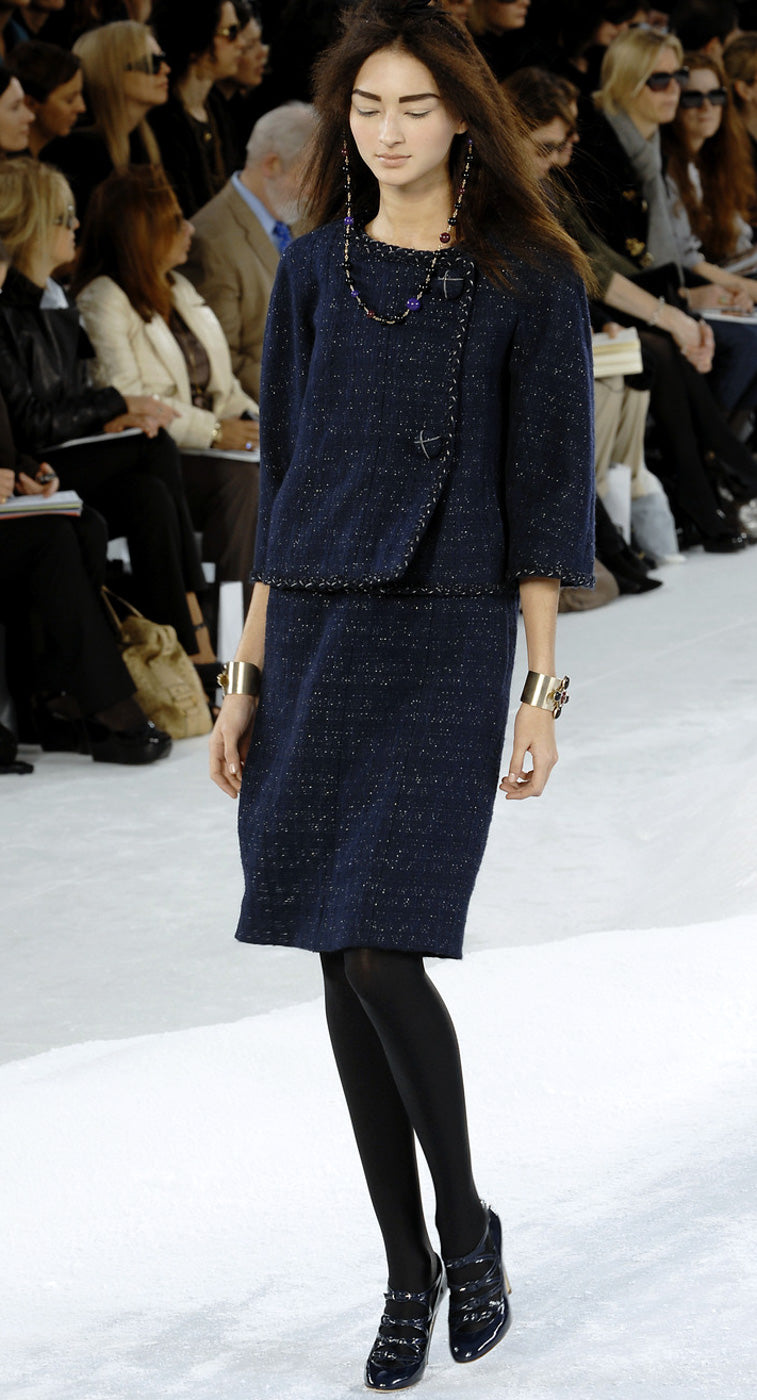 CHANEL 07A Navy Wool Braided Trim Tweed Jacket Dress Setup 42 シャネル ネイビー ウール チェーン ブレイドトリミング ツイード ジャケット ワンピース セットアップ 即発