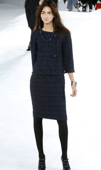 CHANEL 07A Navy Wool Braided Trim Tweed Jacket Dress Setup 42 シャネル ネイビー ウール チェーン ブレイドトリミング ツイード ジャケット ワンピース セットアップ 即発