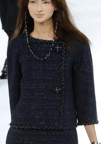 CHANEL 07A Navy Wool Braided Trim Tweed Jacket Dress Setup 42 シャネル ネイビー ウール チェーン ブレイドトリミング ツイード ジャケット ワンピース セットアップ 即発