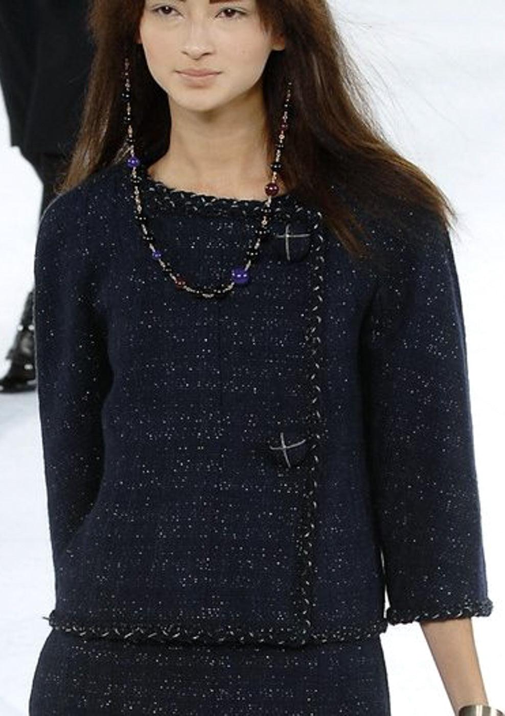 CHANEL 07A Navy Wool Braided Trim Tweed Jacket Dress Setup 42 シャネル ネイビー ウール チェーン ブレイドトリミング ツイード ジャケット ワンピース セットアップ 即発