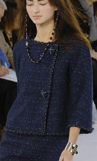 CHANEL 07A Navy Wool Braided Trim Tweed Jacket Dress Setup 42 シャネル ネイビー ウール チェーン ブレイドトリミング ツイード ジャケット ワンピース セットアップ 即発