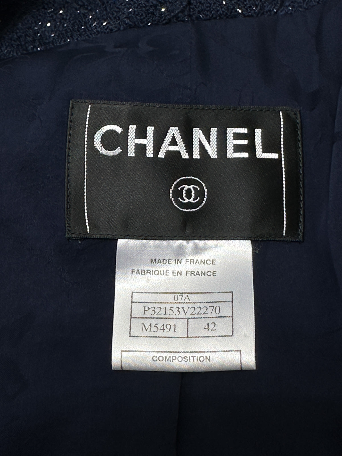 CHANEL 07A Navy Wool Braided Trim Tweed Jacket Dress Setup 42 シャネル ネイビー ウール チェーン ブレイドトリミング ツイード ジャケット ワンピース セットアップ 即発