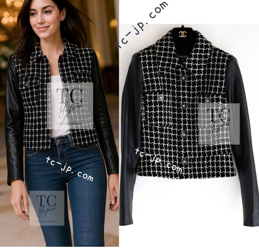 CHANEL 17PF Black Wool Calfskin Lethear Sleeve Tweed Jacket 38 シャネル ブラック ウール 袖 レザー ツイード ジャケット 即発