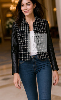 CHANEL 17PF Black Wool Calfskin Lethear Sleeve Tweed Jacket 38 シャネル ブラック ウール 袖 レザー ツイード ジャケット 即発