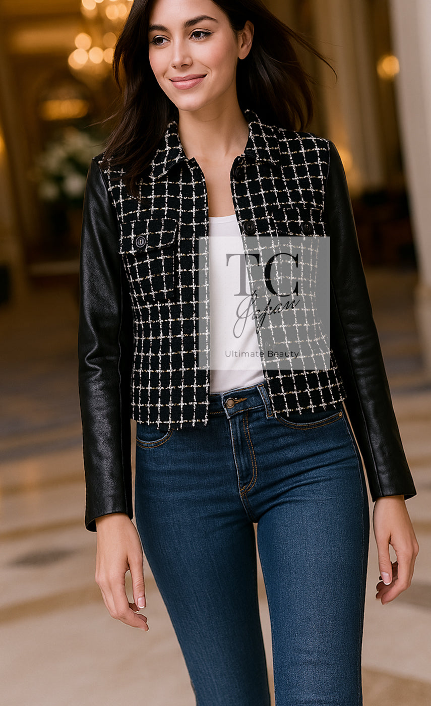 CHANEL 17PF Black Wool Calfskin Lethear Sleeve Tweed Jacket 38 シャネル ブラック ウール 袖 レザー ツイード ジャケット 即発