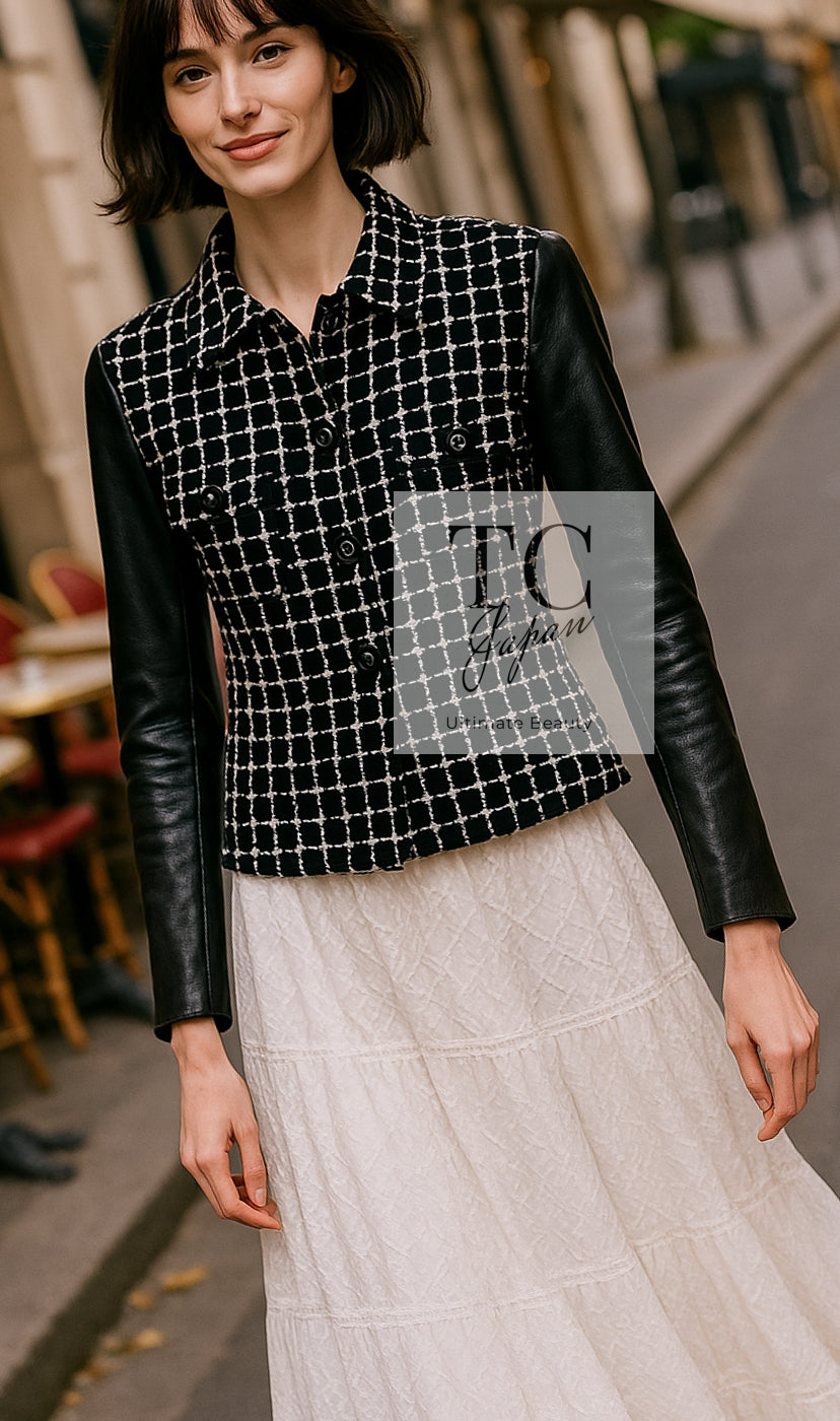 CHANEL 17PF Black Wool Calfskin Lethear Sleeve Tweed Jacket 38 シャネル ブラック ウール 袖 レザー ツイード ジャケット 即発