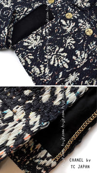 CHANEL 18C Navy Black Multi Camellia Jacquard Jacket Coat 34 36 シャネル ネイビー ブラック カメリア刺繍 ジャガード ジャケット コート