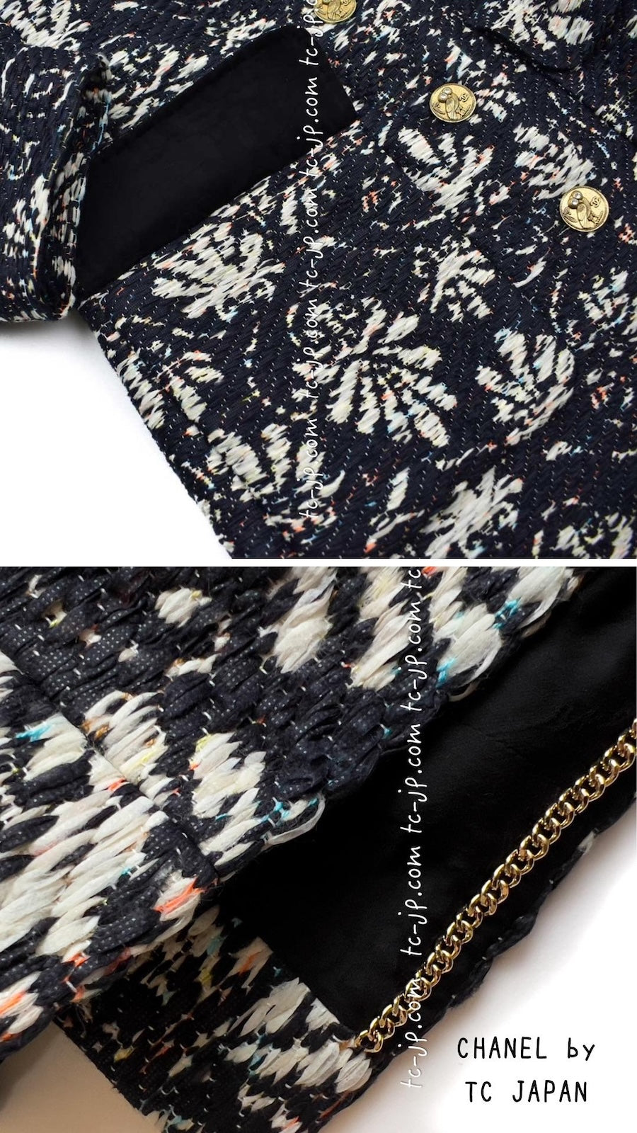 CHANEL 18C Navy Black Multi Camellia Jacquard Jacket Coat 34 36 シャネル ネイビー ブラック カメリア刺繍 ジャガード ジャケット コート
