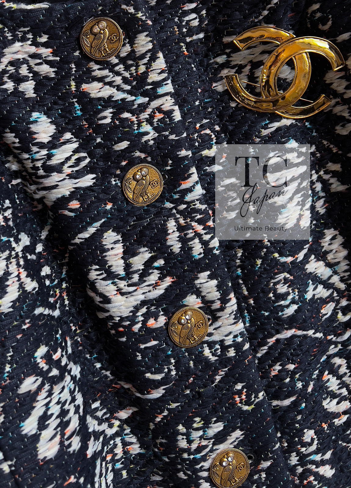 CHANEL 18C Navy Black Multi Camellia Jacquard Jacket Coat 34 36 シャネル ネイビー ブラック カメリア刺繍 ジャガード ジャケット コート