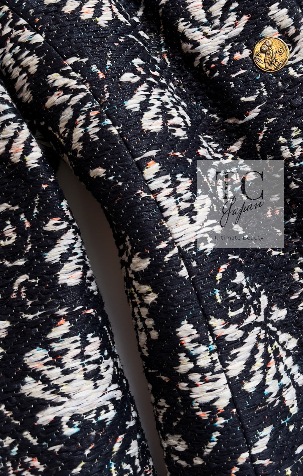 CHANEL 18C Navy Black Multi Camellia Jacquard Jacket Coat 34 36 シャネル ネイビー ブラック カメリア刺繍 ジャガード ジャケット コート