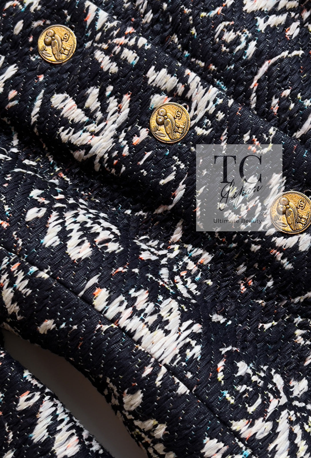 CHANEL 18C Navy Black Multi Camellia Jacquard Jacket Coat 34 36 シャネル ネイビー ブラック カメリア刺繍 ジャガード ジャケット コート