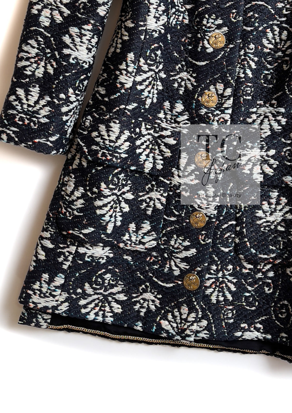 CHANEL 18C Navy Black Multi Camellia Jacquard Jacket Coat 34 36 シャネル ネイビー ブラック カメリア刺繍 ジャガード ジャケット コート