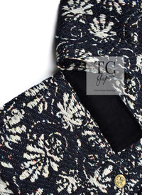 CHANEL 18C Navy Black Multi Camellia Jacquard Jacket Coat 34 36 シャネル ネイビー ブラック カメリア刺繍 ジャガード ジャケット コート