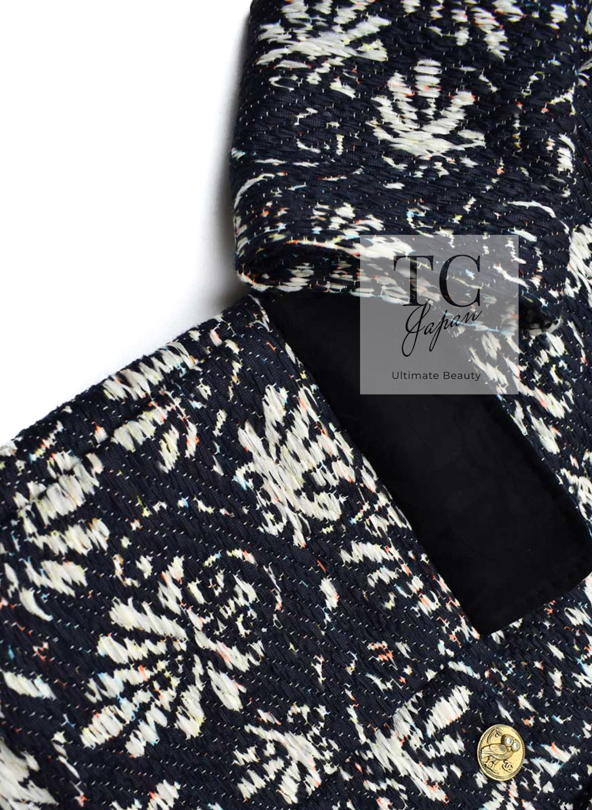 CHANEL 18C Navy Black Multi Camellia Jacquard Jacket Coat 34 36 シャネル ネイビー ブラック カメリア刺繍 ジャガード ジャケット コート