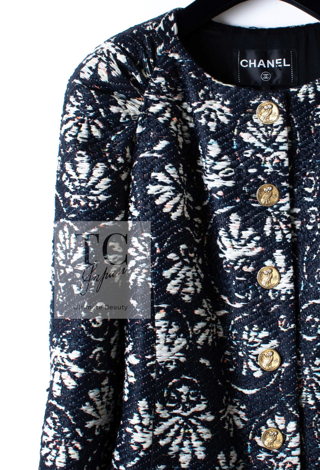 CHANEL 18C Navy Black Multi Camellia Jacquard Jacket Coat 34 36 シャネル ネイビー ブラック カメリア刺繍 ジャガード ジャケット コート