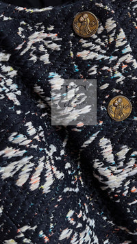 CHANEL 18C Navy Black Multi Camellia Jacquard Jacket Coat 34 36 シャネル ネイビー ブラック カメリア刺繍 ジャガード ジャケット コート