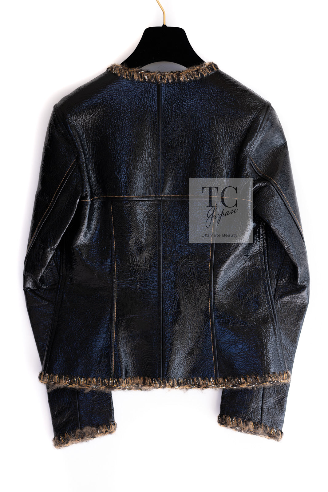 CHANEL 17B Black Lambskin Leather Chain Trim Jacket 36 シャネル ブラック ラム スキン レザー チェーン トリム ジャケット 即発