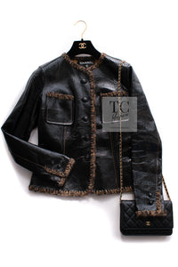 CHANEL 17B Black Lambskin Leather Chain Trim Jacket 36 シャネル ブラック ラム スキン レザー チェーン トリム ジャケット 即発