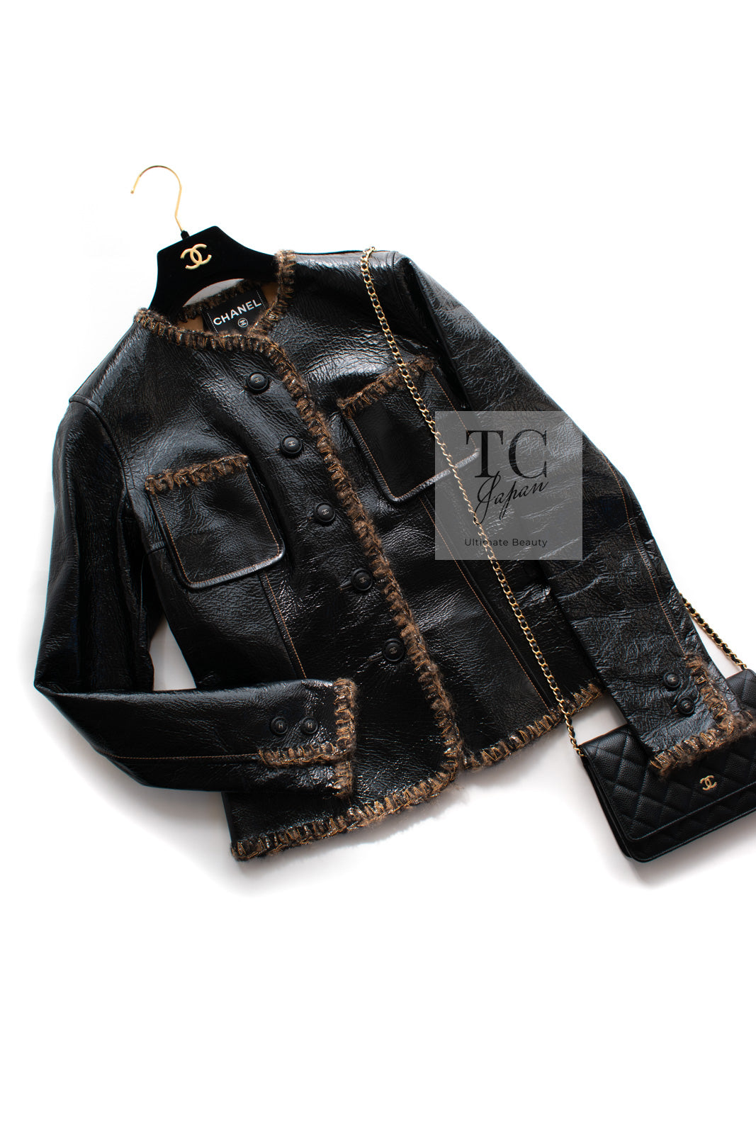CHANEL 17B Black Lambskin Leather Chain Trim Jacket 36 シャネル ブラック ラム スキン レザー チェーン トリム ジャケット 即発