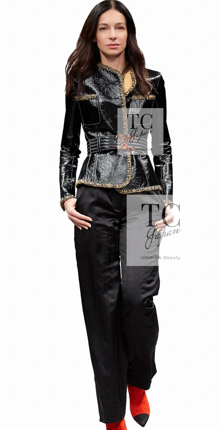 CHANEL 17B Black Lambskin Leather Chain Trim Jacket 36 シャネル ブラック ラム スキン レザー チェーン トリム ジャケット 即発