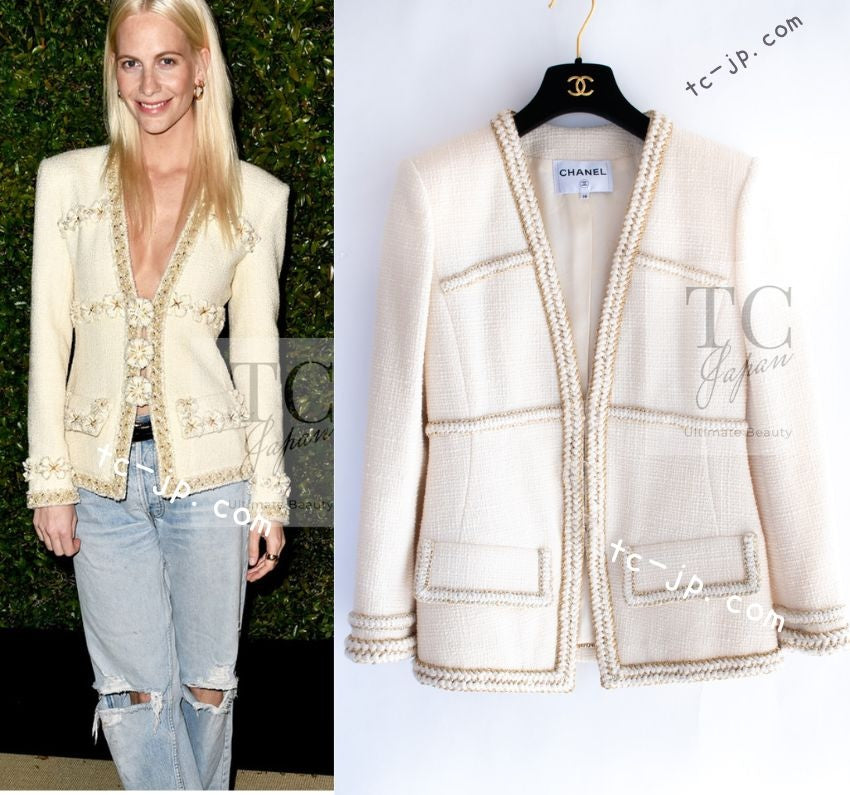 CHANEL 17PF Ivory Creme Gold Trim Wool Tweed Jacket 38 シャネル アイボリー クリーム ゴールド トリミング ウール ジャケット 即発