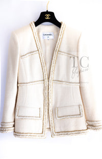 CHANEL 17PF Ivory Creme Gold Trim Wool Tweed Jacket 38 シャネル アイボリー クリーム ゴールド トリミング ウール ジャケット 即発