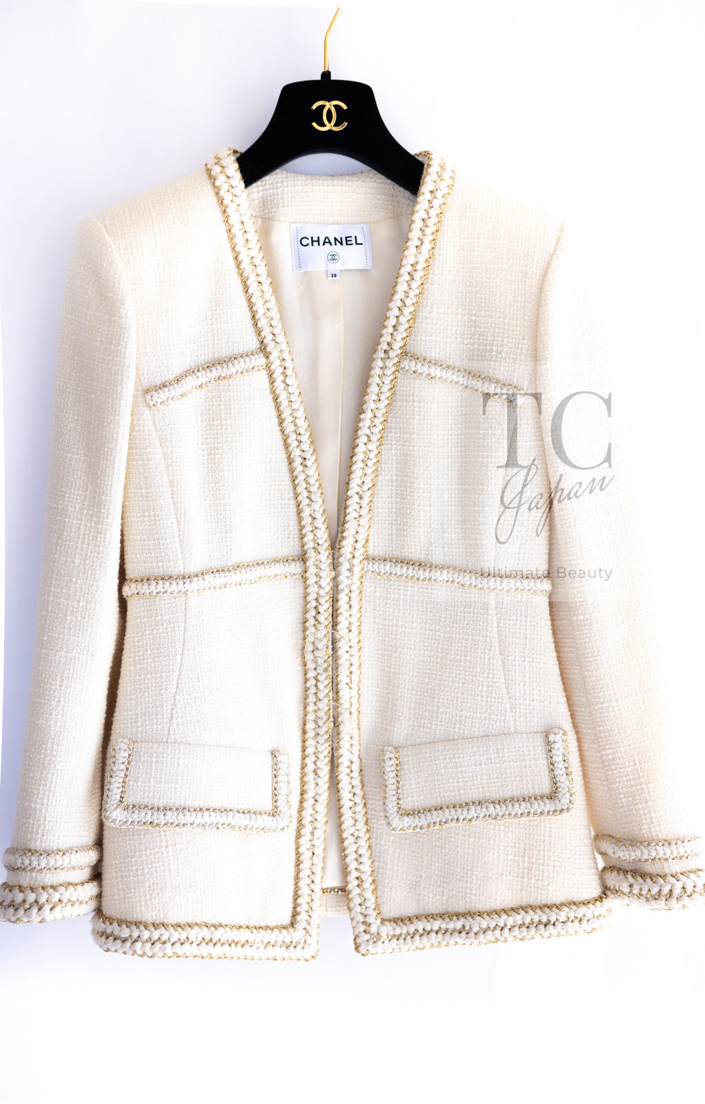 CHANEL 17PF Ivory Creme Gold Trim Wool Tweed Jacket 38 シャネル アイボリー クリーム ゴールド トリミング ウール ジャケット 即発