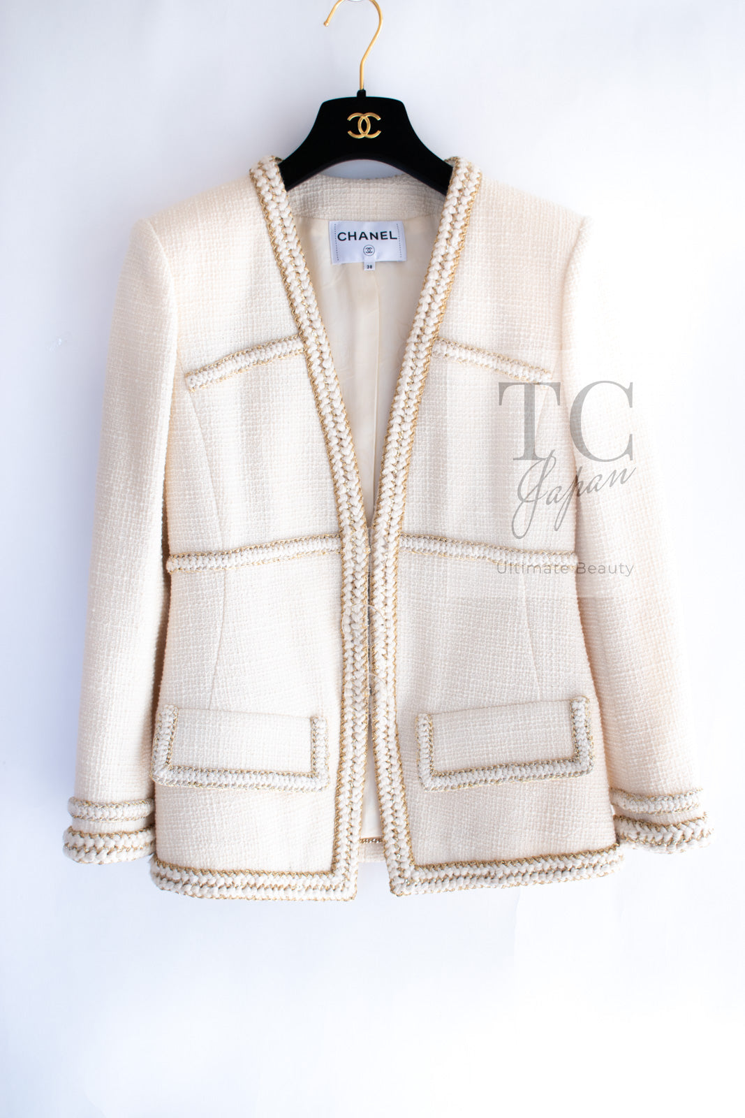CHANEL 17PF Ivory Creme Gold Trim Wool Tweed Jacket 38 シャネル アイボリー クリーム ゴールド トリミング ウール ジャケット 即発