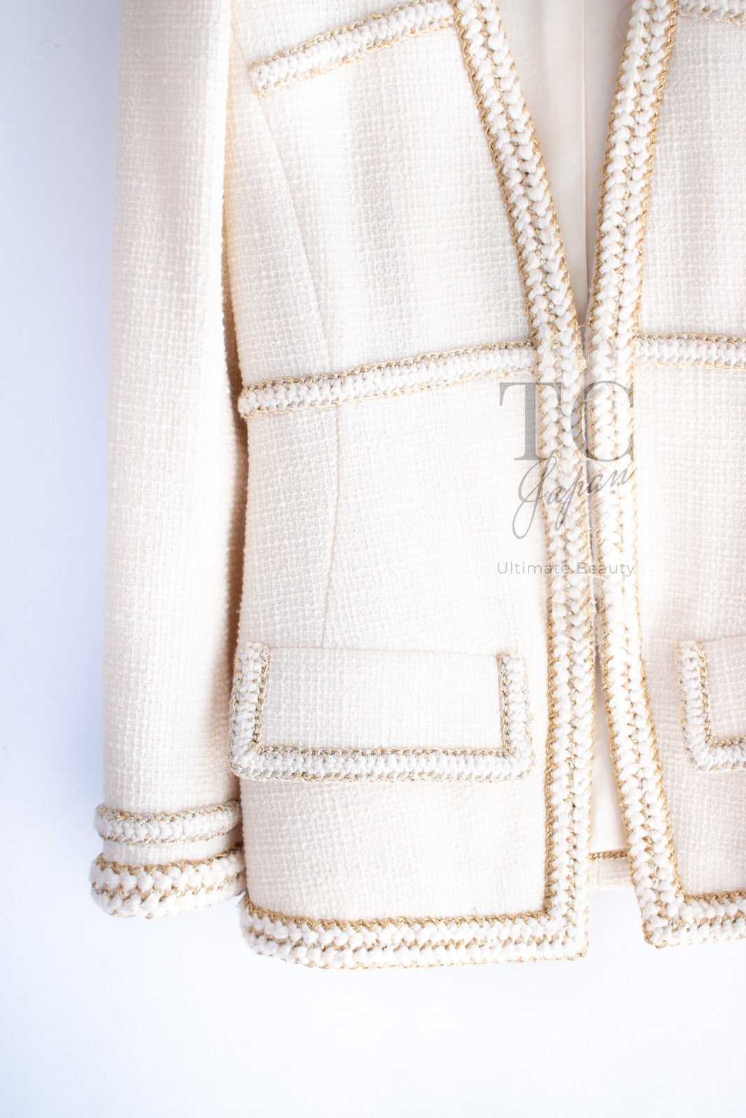 CHANEL 17PF Ivory Creme Gold Trim Wool Tweed Jacket 38 シャネル アイボリー クリーム ゴールド トリミング ウール ジャケット 即発