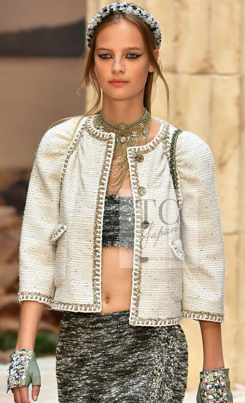CHANEL 18C Ivory Mix Gold Braid Trim Cotton Jacket 46 シャネル アイボリー ミックス ゴールド ブレイド トリム コットン ジャケット 即発