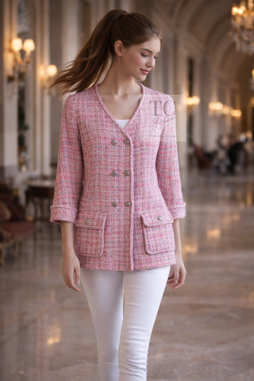 CHANEL ピンク ツイードジャケット シャネル ジャケット CHANEL ピンク ダブル ノーカラー ツイード 14S