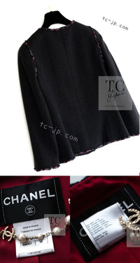 CHANEL 10PF Black Red Trimming Wool Tweed Collarless Jacket 38 シャネル ブラック レッド トリミング ウール ツイード ノーカラー ジャケット 即発