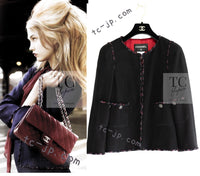 CHANEL 10PF Black Red Trimming Wool Tweed Collarless Jacket 34 38 シャネル ブラック レッド トリミング ウール ツイード ノーカラー ジャケット 即発