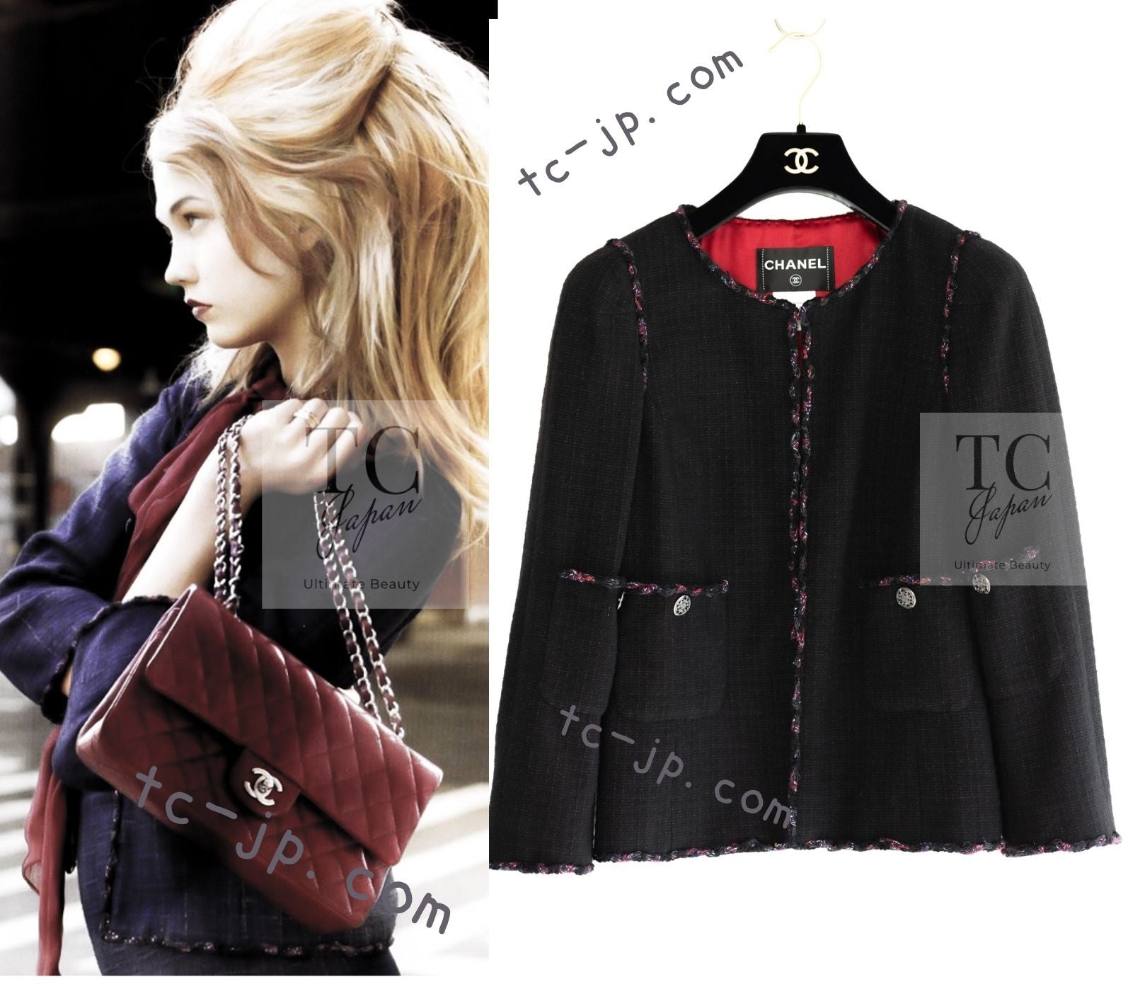 CHANEL 10PF Black Red Trimming Wool Tweed Collarless Jacket 34 38 シャネル ブラック レッド トリミング ウール ツイード ノーカラー ジャケット 即発