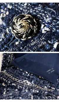 CHANEL 10S Blue Navy Metallic Pearl CC Button Tweed Jacket 38 40 シャネル ネイビー パール ココボタン ルサージュ ツイード ジャケット 即発