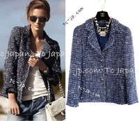 CHANEL 10S Blue Navy Metallic Pearl CC Button Tweed Jacket 38 40 シャネル ネイビー パール ココボタン ルサージュ ツイード ジャケット 即発