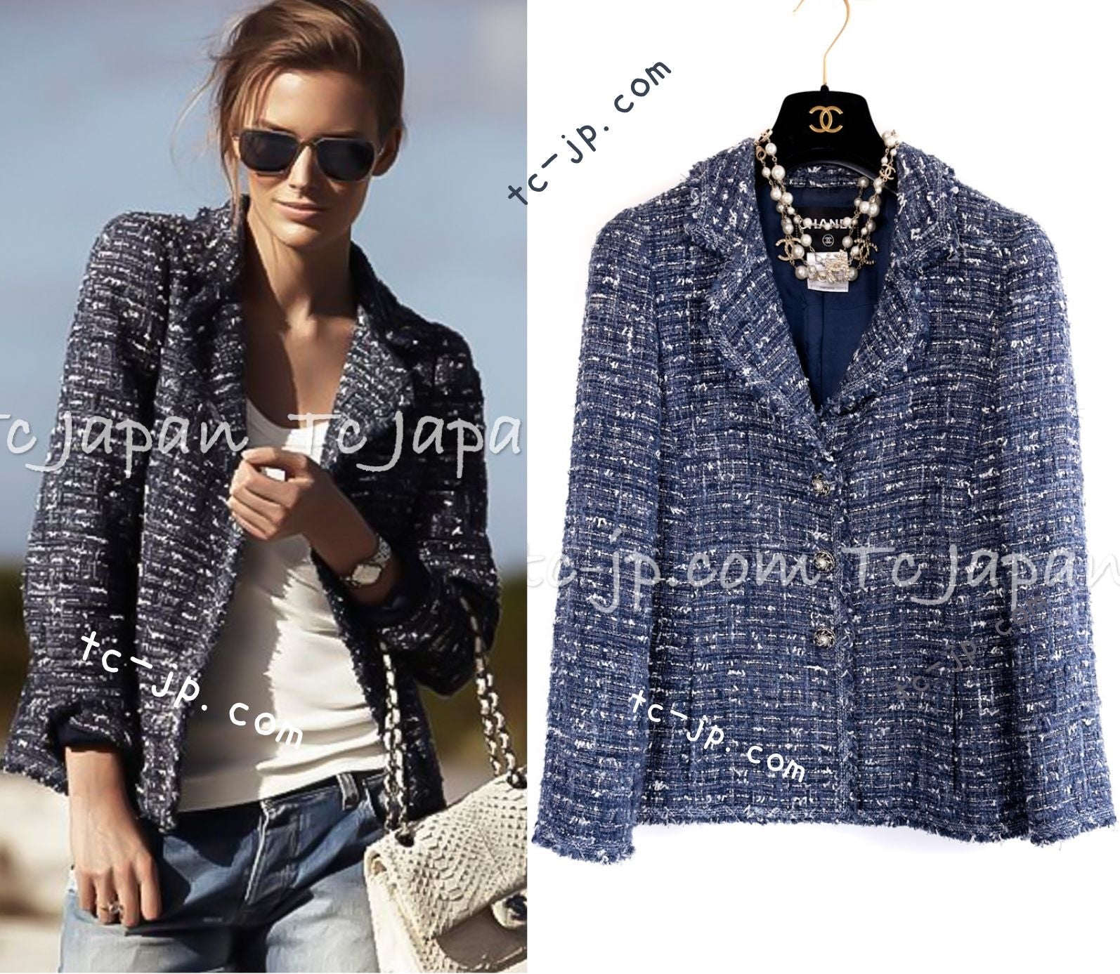CHANEL 10S Blue Navy Metallic Pearl CC Button Tweed Jacket 38 40 シャネル ネイビー パール ココボタン ルサージュ ツイード ジャケット 即発