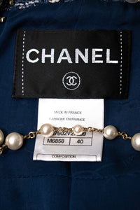 CHANEL 10S Blue Navy Metallic Pearl CC Button Tweed Jacket 38 40 シャネル ネイビー パール ココボタン ルサージュ ツイード ジャケット 即発