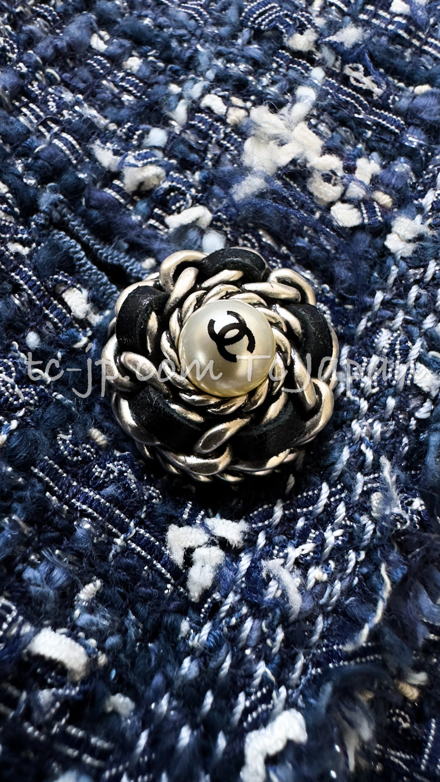 CHANEL 10S Blue Navy Metallic Pearl CC Button Tweed Jacket 38 40 シャネル ネイビー パール ココボタン ルサージュ ツイード ジャケット 即発