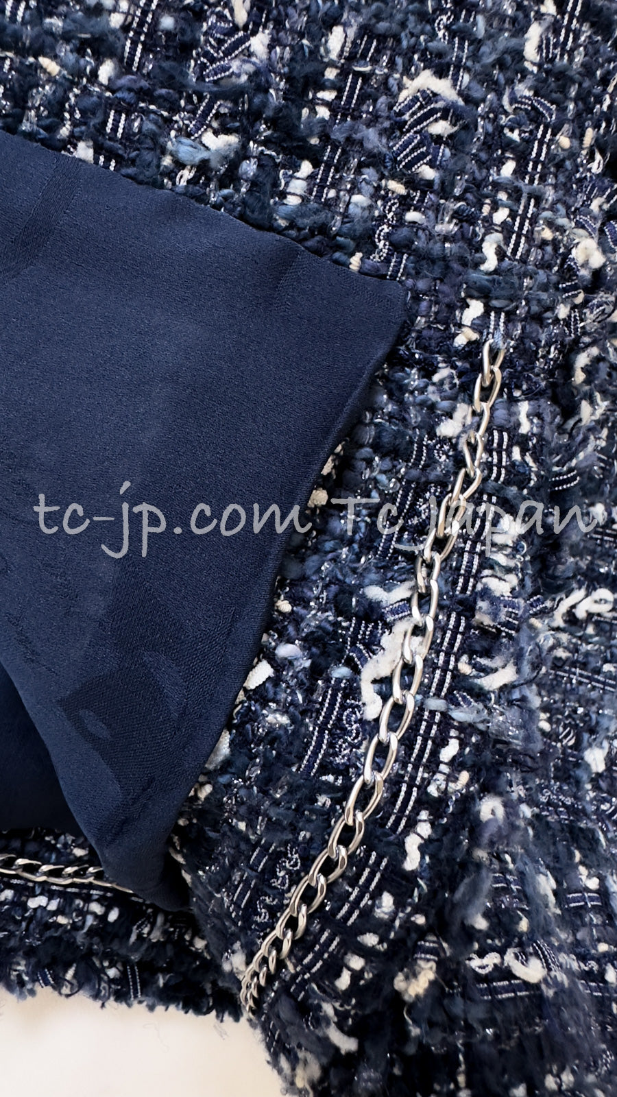 CHANEL 10S Blue Navy Metallic Pearl CC Button Tweed Jacket 38 40 シャネル ネイビー パール ココボタン ルサージュ ツイード ジャケット 即発