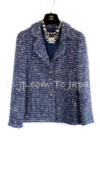 CHANEL 10S Blue Navy Metallic Pearl CC Button Tweed Jacket 38 40 シャネル ネイビー パール ココボタン ルサージュ ツイード ジャケット 即発