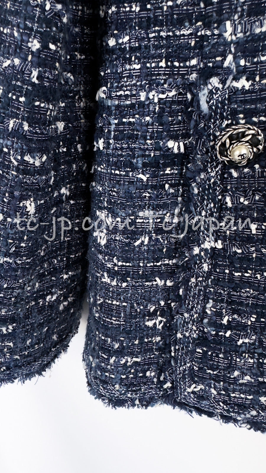 CHANEL 10S Blue Navy Metallic Pearl CC Button Tweed Jacket 38 40 シャネル ネイビー パール ココボタン ルサージュ ツイード ジャケット 即発